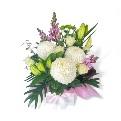 Simplicity - An elegant arrangement so suitable for sympathy flowers, beautiful white disbuds, oriental lilies, roses and other varieties of flowers.