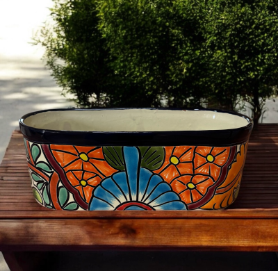 Talavera Oblong pot 2 sizes - Original Hand painted Talavera Mexican planter Small 24L x 12w x 11h 
                                                                             Med. 34L x 15w x13 cm